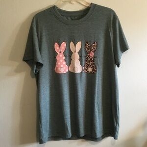 Women’s Turquoise Tee with Pink and Brown Bunny Appliqués